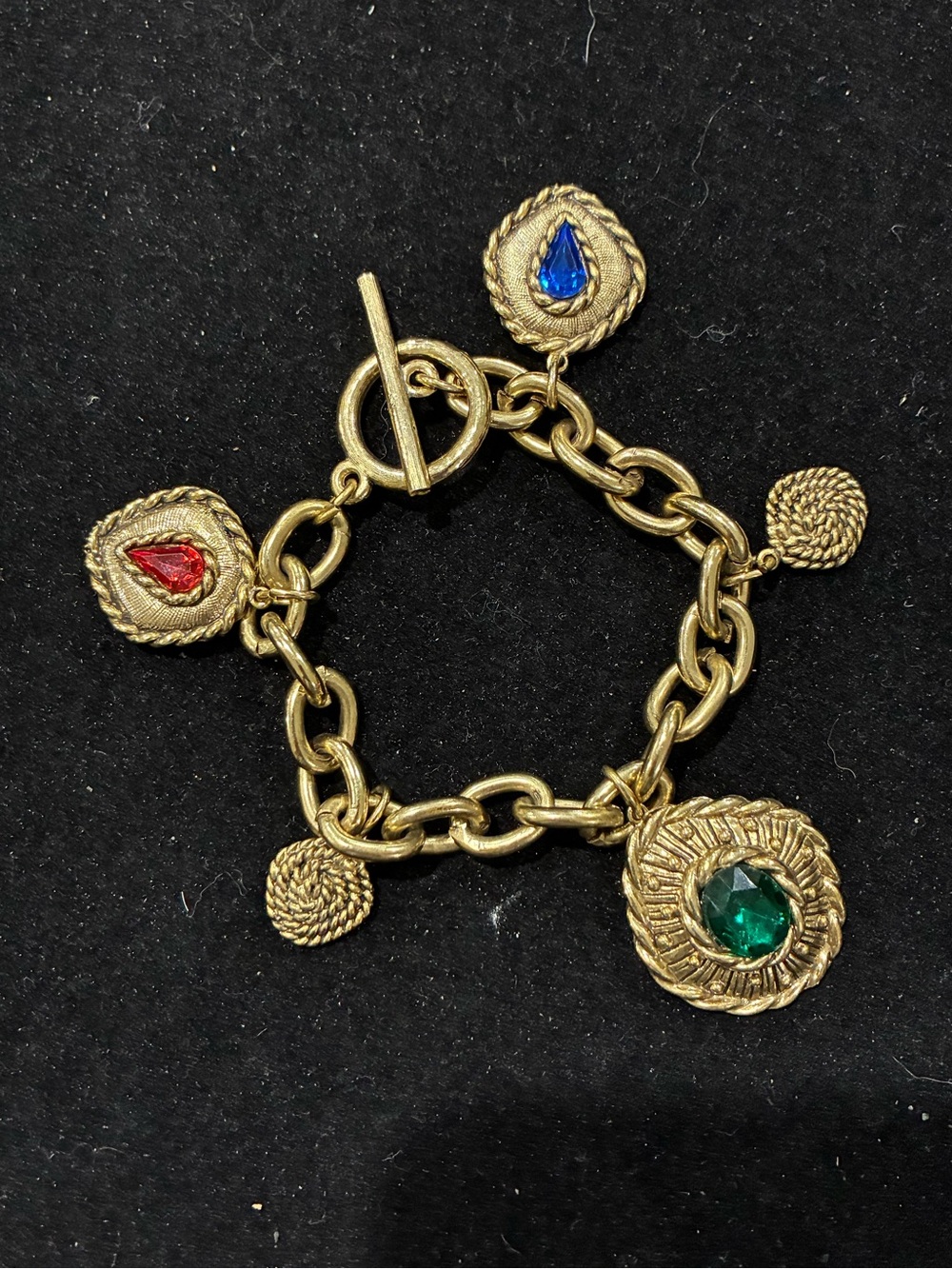 Vintage Etruscan Revival Chunky Gold Tone Rhinestone Charm Bracelet
